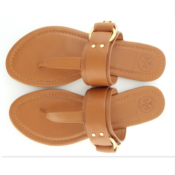 New TORY BURCH Logo Royal Tan Flat Thong Sandals 6 - Picture 4 of 7